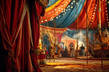 A lively circus tent featuring dazzling lights and vibrant curtains, promising an exciting performance, An old-fashioned circus scene with colorful tents and performers, AI generated