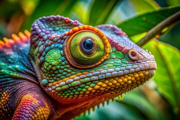 Fototapeta premium Vibrant close-up of a colorful chameleon's face, showcasing its remarkable ability to change color, set against a lush tropical habitat filled with green leaves.