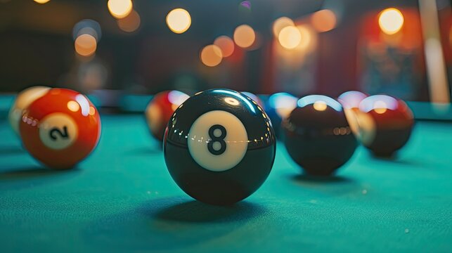 Close-up of billiard balls on a pool table, with the black eight ball in sharp focus, representing sports betting
