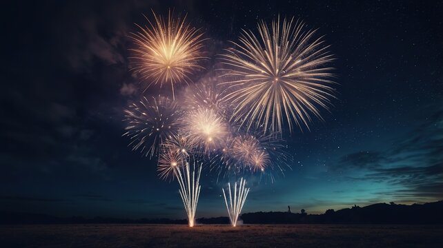 New Years Events fireworks on dark blue night sky