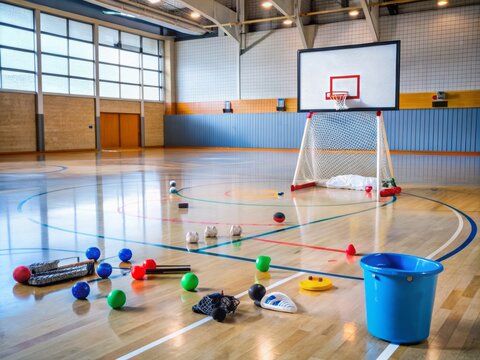 Empty hockey rink with scattered water bottles, sticks, and gear, whiteboard with plays diagrammed, and mini basketballs on floor, conveying kids' strategic timeout discussion. - Powered by Adobe