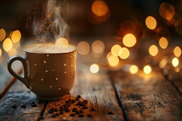 A freshly brewed cup of coffee sits on a rustic wooden table, surrounded by warm, out-of-focus lights