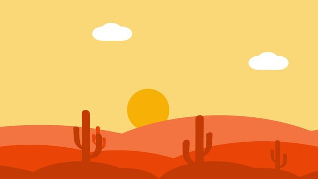 Moving animation of desert landscape with cacti and mountains, desert animation in flat style, 4k