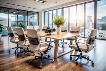 Modern business team collaboration concept with empty chairs surrounding a futuristic virtual reality headset and console on a table in a creative office space.