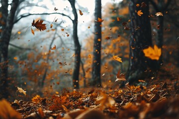 Scenic woodland trail with colorful leaves cascading down from the trees, An autumnal woodland scene with falling leaves, AI generated