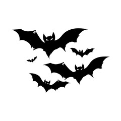 Fototapeta premium Silhouette group of Halloween bats flying in the air. The bats are black and have glowing eyes. Vector illustration