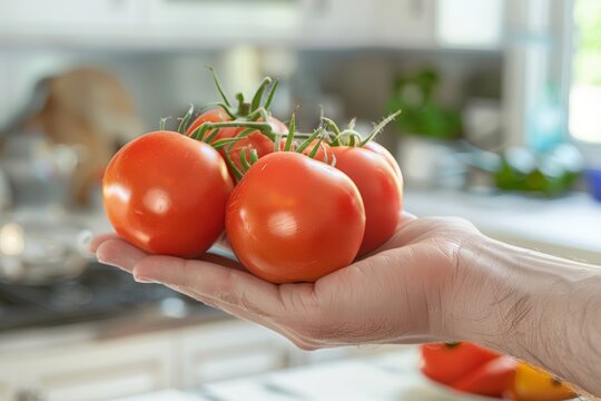 A hand holds a cluster of red, ripe tomatoes, with the kitchen counter blurred in the background