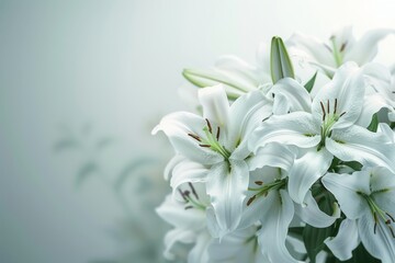 Fototapeta premium A close-up image of a white funeral lilies bouquet arrangement against a soft background