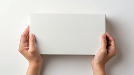 Top view hands holding an empty blank paper box against a white background. Mockup template design