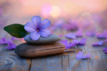 Fototapeta premium Drie Zen stenen op oud hout met paarse bloem