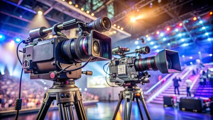 Professional broadcast TV camera setup on tripod, capturing high-quality footage of an event, with multiple lenses and screens displaying camera feeds.