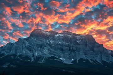 Obraz premium A vibrant sunrise paints the sky with fiery hues as a majestic mountain range stands tall against the backdrop