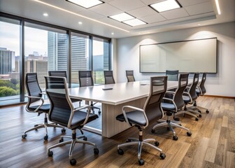 Empty meeting room with diverse office chairs facing a large blank white screen monitor awaiting online global corporation video chat business webinar connection.