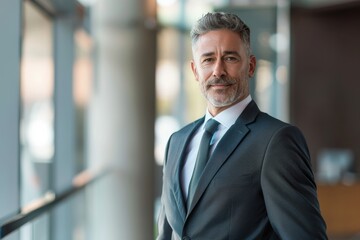 Fototapeta premium A mature businessman in a tailored suit stands confidently in an office setting with a blurred background