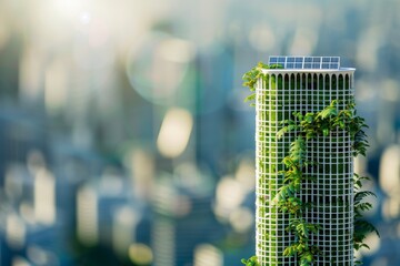 A 3D printed prototype of a sustainable urban skyscraper features a green wall and solar panels, with a blurred city background