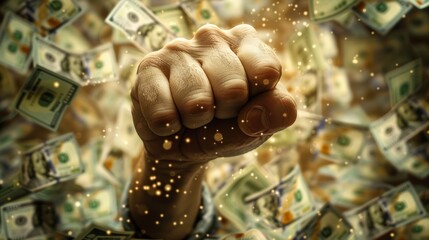 Fist of power over dollars on background.