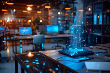 A glowing blue router hologram levitates above a desk in a modern office setting. The surrounding workspace is filled with computers and technology