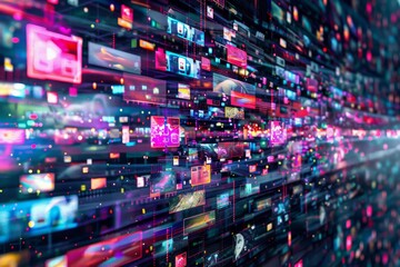 A vibrant digital media wall displaying a multitude of abstract images representing streaming platforms and social media channels