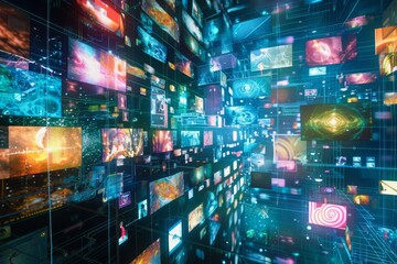 A digital media wall with a complex network of glowing squares and rectangles displaying various abstract patterns, representing social media and streaming platforms