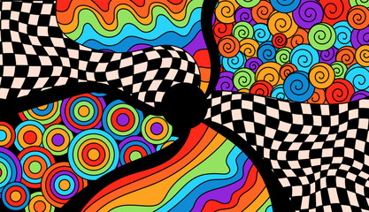Zentangle coloring page for adult. Psychedelic groovy color background.