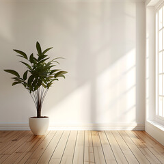 An empty white room with a wooden floor and a potted plant