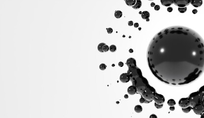 Large black sphere surrounded by smaller black spheres on white background