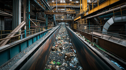 Industrial Conveyor Belt Carrying Waste Through an Abandoned Factory