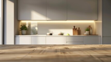Modern kitchen with white furniture blurred, wooden table in foreground, cozy and stylish