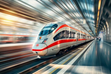 Fototapeta premium A high-speed train speeds through a modern train station, creating a sense of motion and energy as passengers blur in the windows