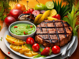 delicious meal, perfectly grilled barbecue meats, savored a decadent dessert, food cooked has a unique flavor, especially when the barbecue includes both savory meats and sweet desserts