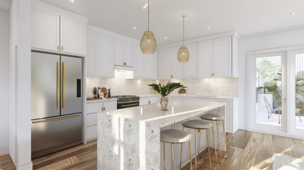 Scandinavian kitchen with sleek white cabinets, brass hardware, granite island, and modern appliances