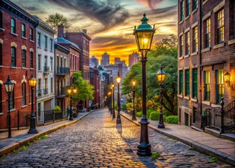 Fototapeta premium Vibrant cityscape captures empty street with iconic landmarks, vintage lampposts, and cobblestone road, conveying sense of adventure and discovery in urban exploration.
