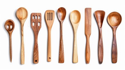 Set of wooden kitchen utensils on white background, rustic and modern design