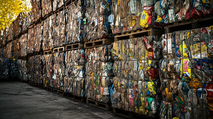 Fototapeta premium Compressed Plastic Recycling Bales Stacked in Warehouse