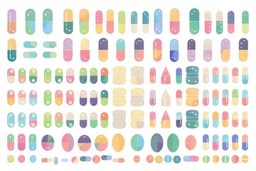 Fototapeta premium Set of pills and capsules. Icons of medicament. Tablets in blisters: painkillers, antibiotics, vitamins and aspirin. Pharmacy and drug symbols. Medical illustration .