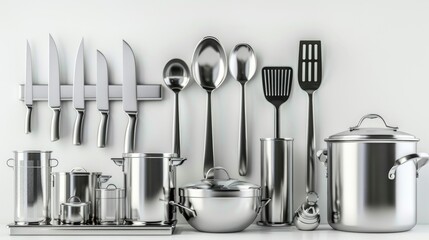 Stainless steel kitchen accessories on pure white background, elegant and modern