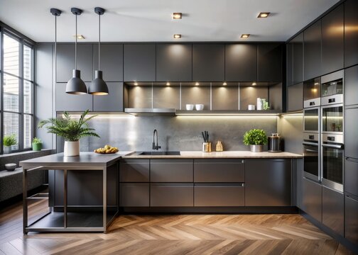 Sleek modern kitchen boasts black cabinet doors, metal worktop, and minimalist decor, exuding sophistication and refinement in a calm, clutter-free atmosphere.