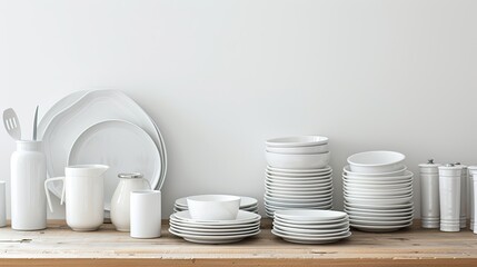 Assorted dishware on wooden table, white background, clean and minimalist setup