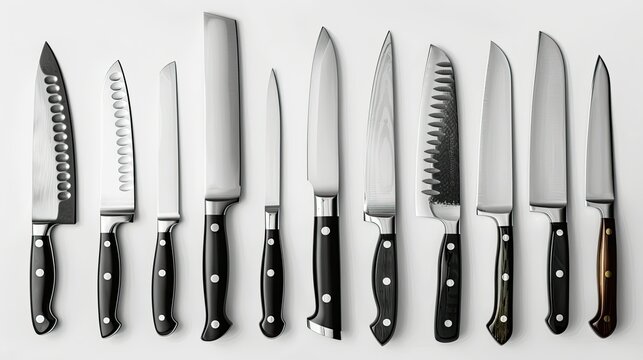 Assorted kitchen knives on white background, sharp and sleek design for modern kitchens