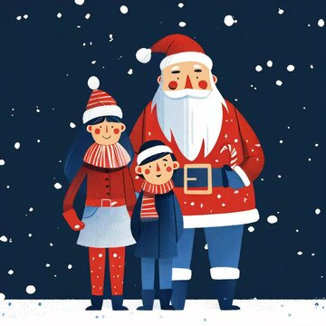 Video of Christmas postcard in nordic style. Family with a Santa Claus standing between them.