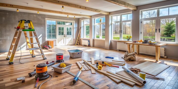 Rear view of empty renovated room with tools and materials scattered around, hinting at a DIY home renovation project in progress.