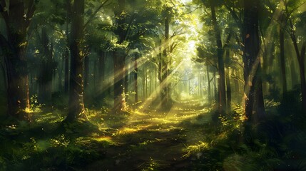 Fototapeta premium Enchanting forest clearing with dappled sunlight filtering through dense trees, creating a serene and magical ambiance. 