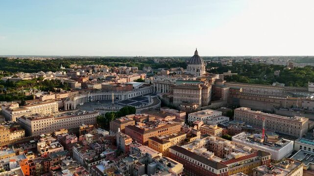 Aerial view of the dwarf Vatican City state in Rome, Italy. Top view St. Peter's Basilica in the Vatican.