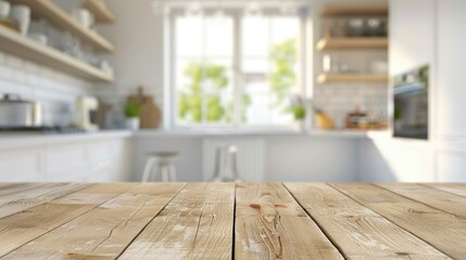 Blurred view of modern kitchen with white furniture, wooden table in foreground
