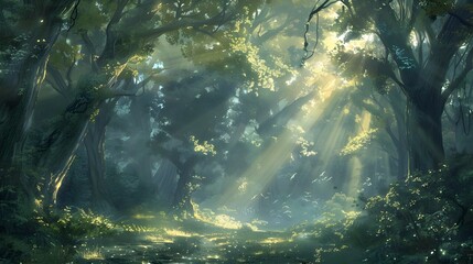 Fototapeta premium Enchanting forest clearing with dappled sunlight filtering through dense trees, creating a serene and magical ambiance. 