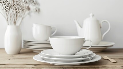 Fototapeta premium Clean and elegant dishware set on wooden table, white background, modern style