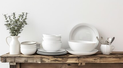 Clean and stylish dishware on wooden table, white background, elegant display