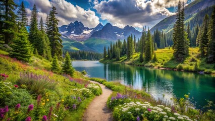 Scenic trail winds through lush green forest, surrounding majestic mountains, serene lake, and vibrant wildflowers, evoking feelings of calm and refreshment in nature.