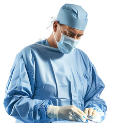A surgeon in blue scrubs and mask performing a medical procedure in a sterile environment.