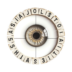 Obraz premium Unique eye design surrounded by Scrabble tiles. mix of vision and wordplay, conceptual design with reflective elements, innovative art